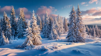 Fototapeta premium Frosty dreams: the vibrant winter landscapes of the carpathian mountains. Blockbuster art. Icy morning in the carpathians: sunrise hues on snow-dusted firs. Drama poster. Action poster.