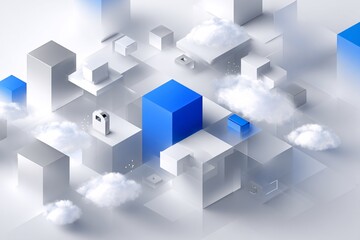 Obraz premium imagine 3D isometric data center with server racks connected by blockchain node icons, stylized infographic, clean white backdrop, modern flat colors, soft lighting