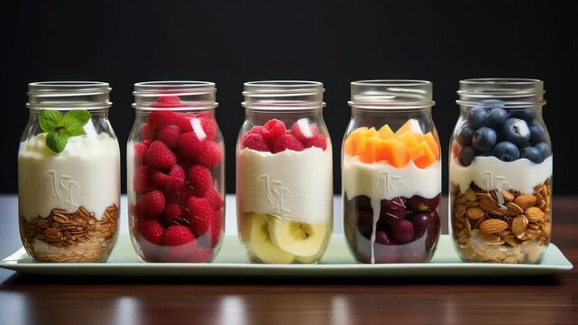 yogurt to various jars and dishes, try a variety of toppings and always include large container in shot, food, dessert, sweet, fresh, dairy, delicious, breakfast, fruit, organic
