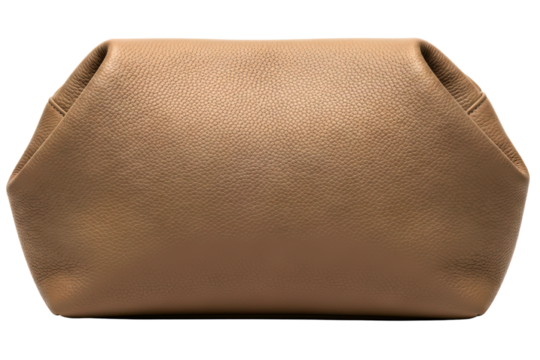 Soft brown pebbled leather cosmetic bag isolated on transparent background