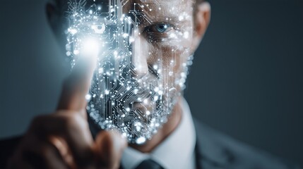 Male figure with digital circuitry pattern on face, touching glowing interface in futuristic setting