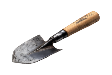 Rustic garden trowel with metal blade and wooden handle, isolated on transparent background