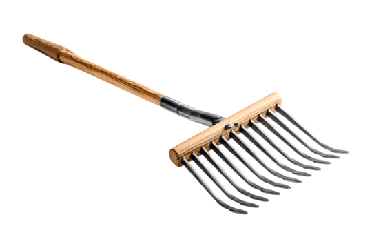 Wooden garden rake with metal tines, isolated on transparent background