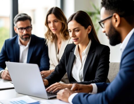 A businesswoman holds a project meeting and works on a laptop in an office among colleagues.