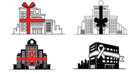 Obraz premium Hospital building with awareness ribbon on facade, minimal black healthcare skyline icon for screening centers, oncology units, and city campaigns