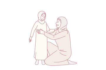 Caring moslem mother in traditional clothes hug cuddle small Islamic kid show love and support. Happy muslim mom embrace little Islam child. Culture, religion concept. Vector illustration.