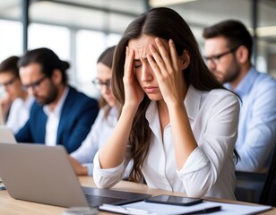 A tired businesswoman covered her face with her hands, rubbing her eyes. Stress at work in the office