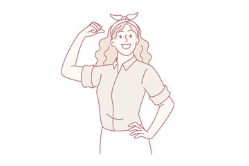 Feminism, self confidence of woman concept. Young smiling girl cartoon character standing showing biceps feeling confident strong vector illustration