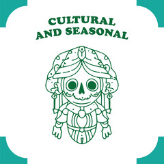Cute green skeleton character with cultural and seasonal theme.