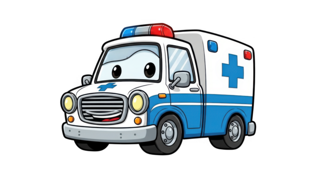 Whimsical cartoon ambulance with friendly eyes ready for emergency services and kid appeal