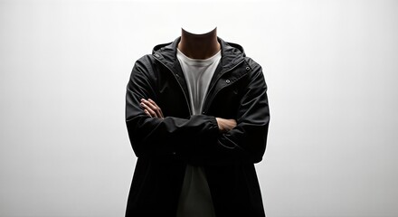 A headless person wearing a dark hooded jacket and a white t-shirt, standing with arms crossed against a bright white background.