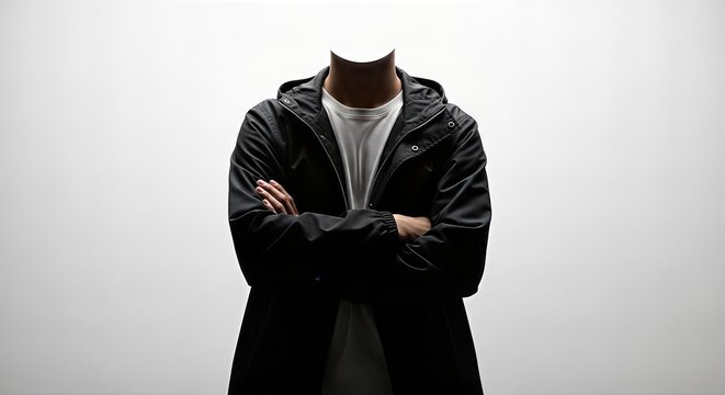 A headless person wearing a dark hooded jacket and a white t-shirt, standing with arms crossed against a bright white background.
