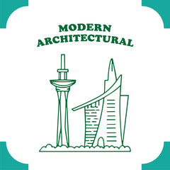 Modern Architectural Line Art Tower and Building Illustration.