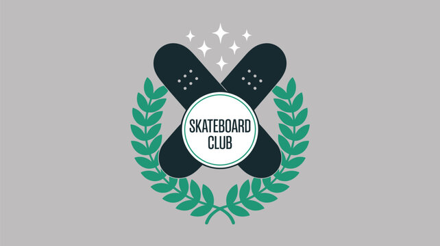 Join the vibrant skateboard club today a modern logo for your skateboarding adventures or events with crossed boards and leaf wreath background