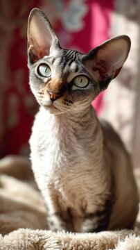 Minskin cat with short legs and sparse fur relaxing on a soft blanket indoors during daylight