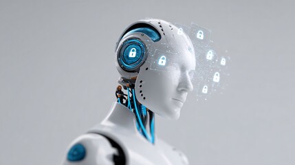 imagine a cyber defense AI robot analyzing network data, holographic code and glowing padlock icons around it, photorealistic, bright white background, DSLR macro focus, digital blue lighting