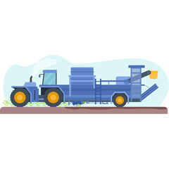 Blue Agricultural Harvester Machine Working in a Field with Green Plants and a Cloudy Sky Background Detailed Vector Illustration