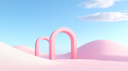 Minimal archway curve structure on pink pastel sand desert landscape blue sky and clouds morning day heaven dream abstract scene.