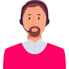 Bearded Man Wearing Headset and Pink Sweater Working in Call Center Providing Customer Service Support with Light Blue Collar Shirt and Transparent Background