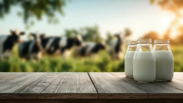 empty table table top with blur background of dairy cow farm, Advertisement, Print media, Illustration, Banner, for website, copy space, for word, template, presentation