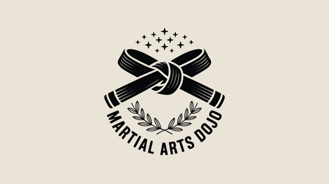 Dynamic martial arts dojo logo featuring black belt, stars, and laurel wreath for inspiring fitness and self-defense branding projects now