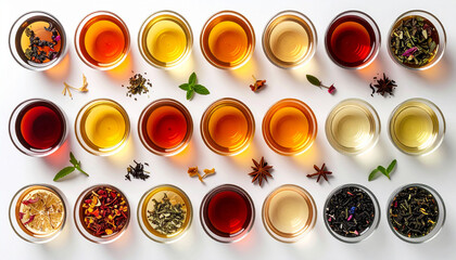 Top view of assorted herbal and adaptogen teas in glass cups showing vibrant natural colors, symbolizing wellness, balance, and healthy living in a clean minimalist presentation