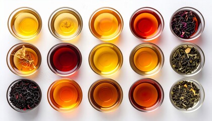 Top view of assorted herbal and adaptogen teas in glass cups showing vibrant natural colors, symbolizing wellness, balance, and healthy living in a clean minimalist presentation