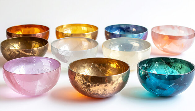 Collection of colorful crystal sound bowls with pastel reflections on white background, symbolizing sound healing, vibration energy, and modern wellness aesthetics for meditation practice