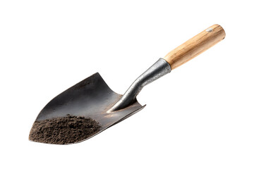 Steel garden shovel with wooden handle and soil, isolated on transparent background