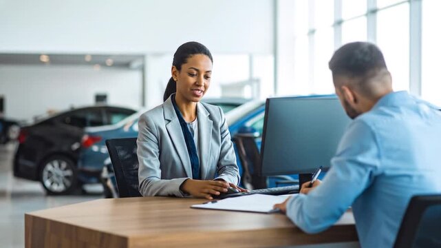 Car Dealership Customer Service - Sales Representative and Client Discussing Purchase.