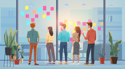 Team brainstorming creative ideas office meeting diverse group standing in workspace looking at sticky notes glass wall plants modern interior