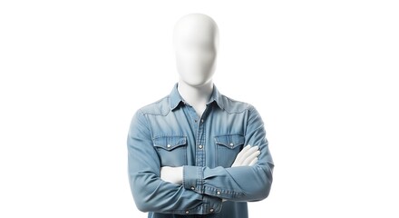A white faceless mannequin wearing a blue denim shirt stands with arms crossed against a plain white background.