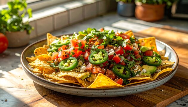 A delicious plate of nachos topped with fresh tomatoes, jalape&ntilde;os, avocado, cheese, and cilantro, served in a bright kitchen setting.