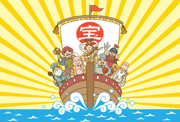 七福神の乗った宝船のめでたい年賀状イラスト