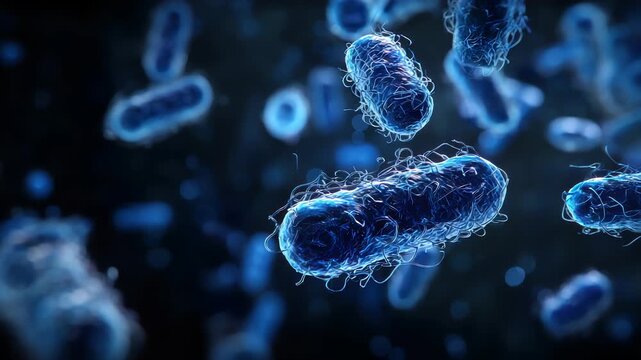 bunch of blue bacteria. The bacteria are in a blue color and are spread out in the image, close up of 3d microscopic blue bacteria