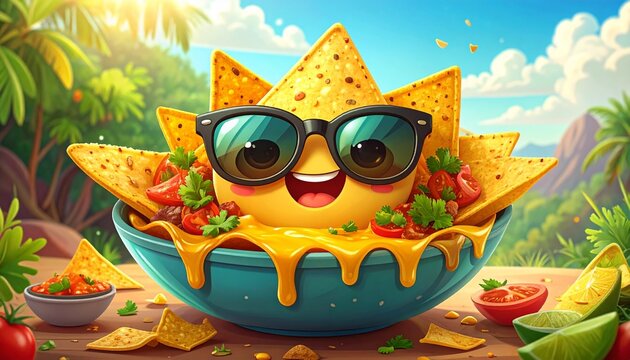 A cheerful cartoon nacho sun wearing sunglasses, smiling in a bowl of melted cheese with tortilla chips, salsa, and tomatoes around, creating a fun and sunny snack scene