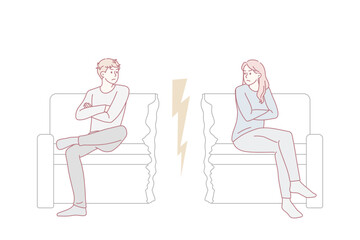 Unhappy stubborn couple sit separate on cut couch have family fight or quarrel. Angry mad man and woman lovers avoid ignore talking. Cheating and breakup, divorce concept. Vector illustration.