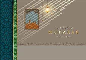 Islamic graphic design for holy Mubarak, ramadan, eid, Al Adha, hajj, arafah, hariraya, Mawlid al-Nabi, ai-fitr, adulfitri and Hijri new year. Literally Background with muslim illuminated lamp.