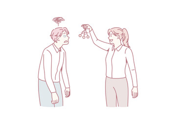 Woman use hypnosis on weak man. Female leader control male colleague or coworker. Businesswoman persuade client or customer. Management and leadership. Manipulation concept. Flat vector illustration.