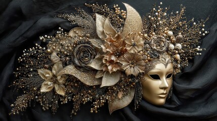 Elegant gold mask with intricate floral and bead decorations on a dark textured background for festive occasions or artistic themes