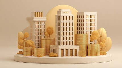 Modern cityscape with stylized buildings, trees, and golden coins showcasing urban development and financial growth in a minimalist design