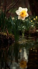 Narcissus flower stands gracefully by the water, reflecting its beauty in the calm pond surrounded by green foliage