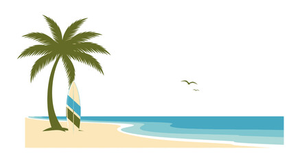 Fototapeta premium Tropical beach scene with palm tree and surfboard illustration
