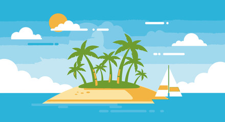 Obraz premium Tropical paradise island vacation with palms and sailing boat vector illustration