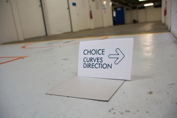 A white sign displaying choice curves direction with an arrow on a plain floor