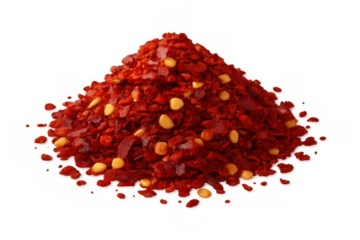 Pile of spicy red chili flakes with seeds, hot crushed pepper seasoning, transparent background