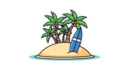 Fototapeta premium Cartoon Tropical Paradise Island Scene with Surfboard and Palm Trees