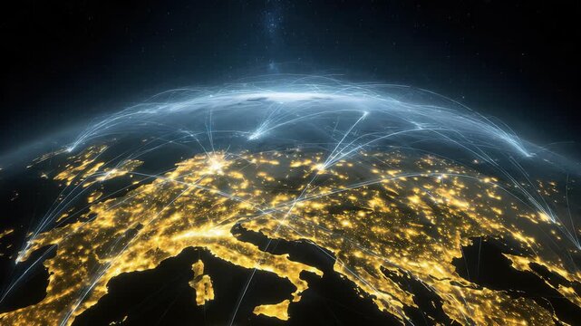 planet with a network of lines connecting it to other planets. Connections system and global datas exchanges over the globe 3D rendering elements of this image 