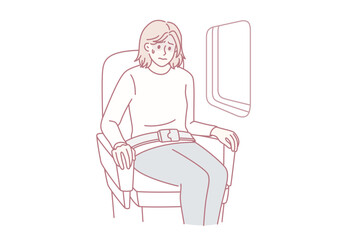 Aerophobia and being afraid of flights concept. Young stressed woman cartoon character sitting in plane near window feeling shock vector illustration