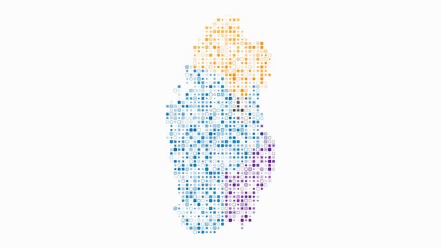 Qatar animated country shape. Pulsating colored dots on the map of the country. Small size rounded square blocks. Digital style Qatar map on white background. Plain animation video.